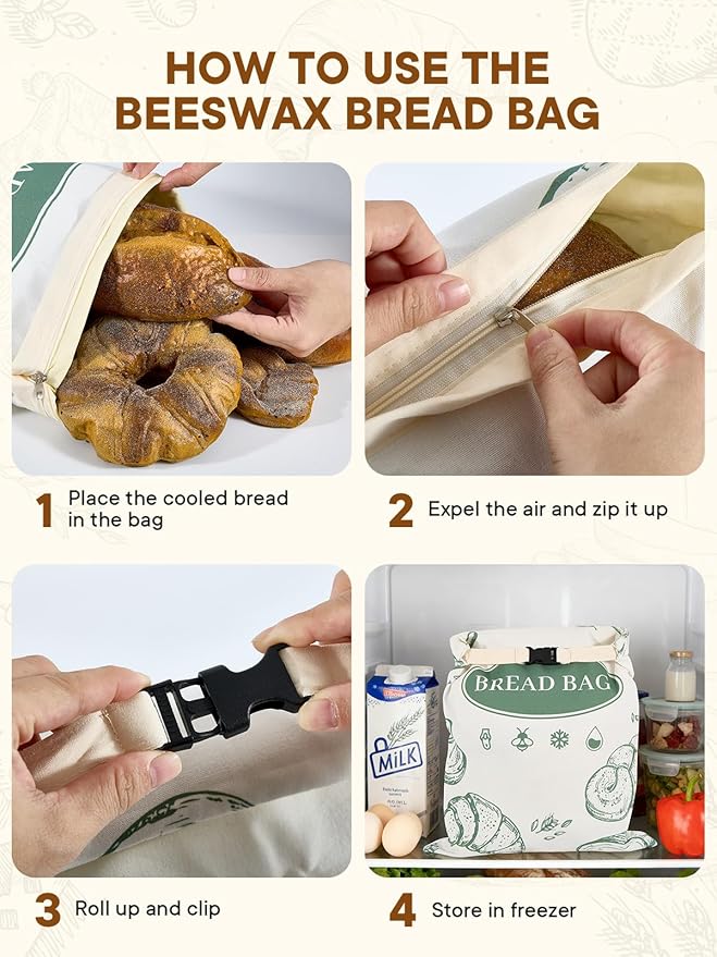 2 Pack Zippered Beeswax Bread Bags - 17×13 Inch Large Reusable Cotton Lined Bags Freezer Safe for Bread, Sourdough & Baguette Kitchen Baking Supplies