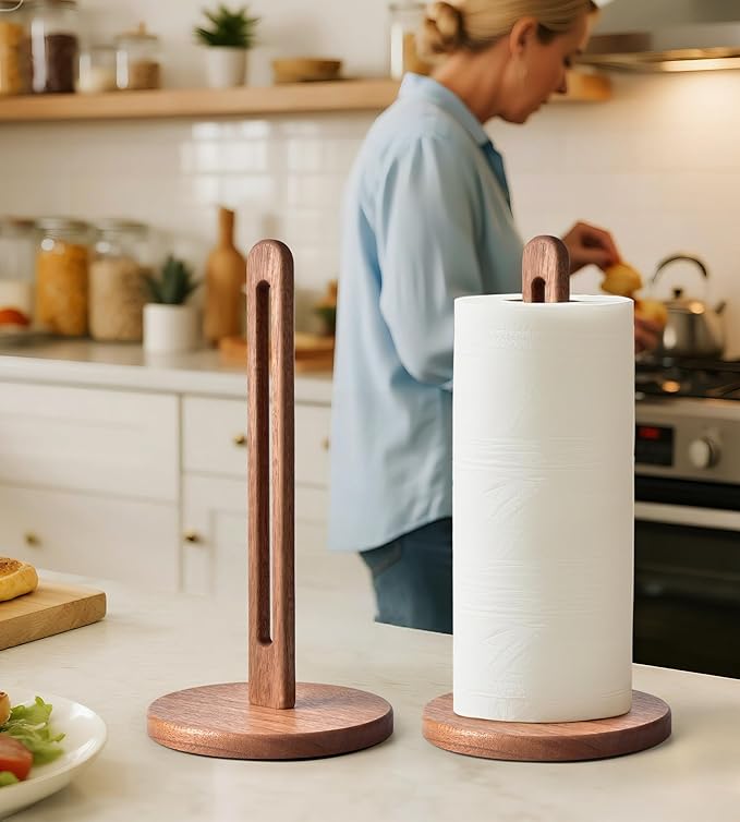 Acacia Wooden Paper Towel Holder Stand for Jumbo Roll - Stylish Kitchen Paper Rack Bathroom Towel Roll Stand Organizer, UA, Solid Wood Simply Standing Countertop Paper Roll Holder, Large