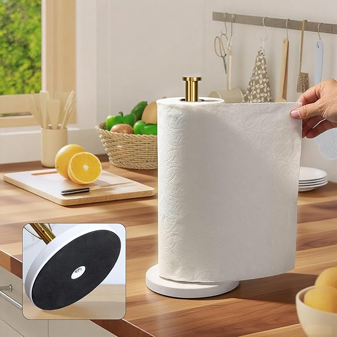 YIGII Marble Base Gold Paper Towel Holder Countertop - Standing Paper Towel Roll Holder with Weighted Base, Papertowel Holder for Kitchen, White Marble & Gold Rod