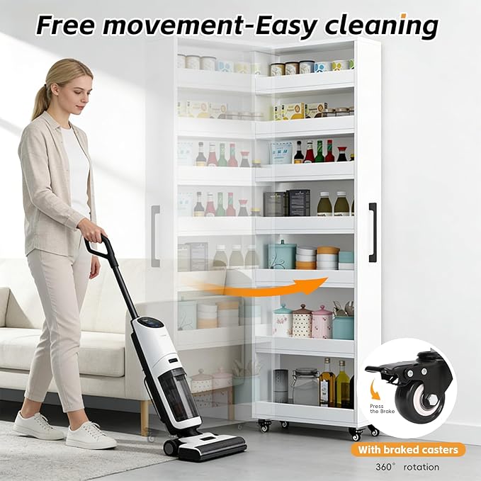 Slim Rolling Storage Cart, Narrow Kitchen Storage Rack with Wheels, Tall Gap Organizer Shelf for Small Spaces, 7-Tier Movable Food Cabinet for Refrigerator Side