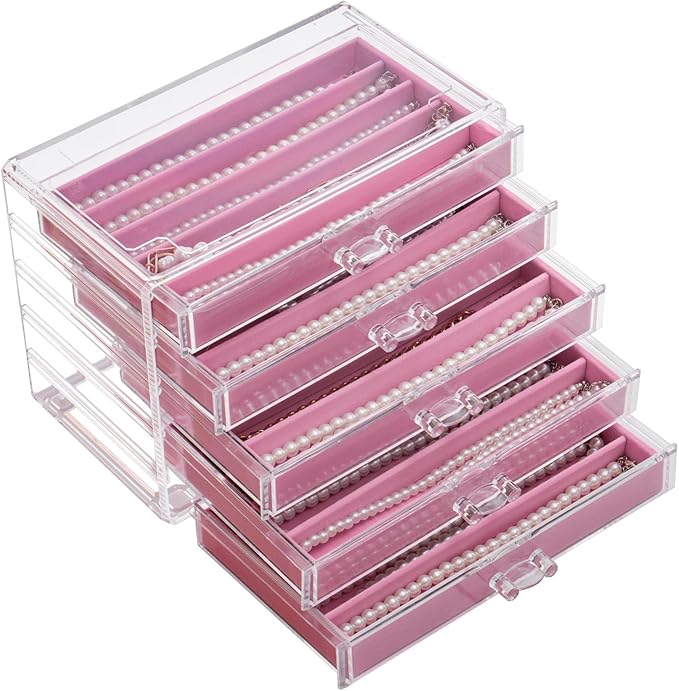 Necklace Holder Organizer, Dustproof Necklace Box Velvet Necklace Organizer Box with Lid Clear Acrylic Dustproof Stackable Jewelry Displays for Necklaces Chain Display (Pink, 5 Drawer)