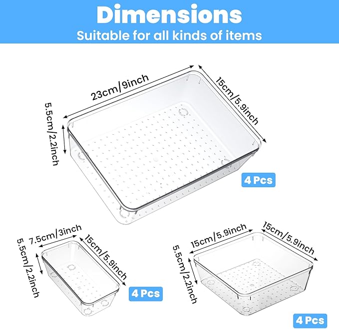 12 Pack Drawer Organizer - 3 Sizes, Clear Plastic Kitchen Drawer Organizers Set, Versatile Bathroom and Vanity Organizer Trays,Storage Bins for Makeup, Bathroom, Jewelries and Office