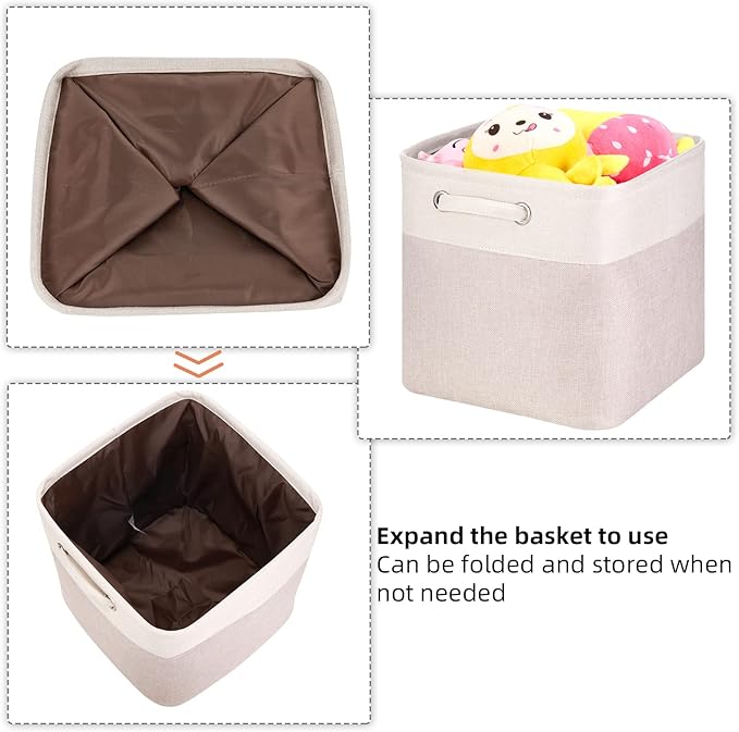 SYYOFUE 3 Pack 13x13x13 Storage Cube Bins with Handles, Beige Fabric Storage Baskets Heavy Duty Foldable - Cloth Organizer Bins for Closet, Shelf, Office (13 Inch Cube Storage Bins)