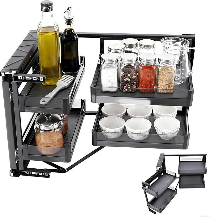 2-Layer Pull-Out Cabinet, 14" Blind Pull Out Corner Cabinets, Right/Left Installed Rectangular Pull-Out Organizers w/4 Adjusted Height Basket, 2Three-section Full-cloth Roller Glides, Soft Close