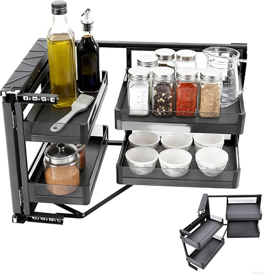 2-Layer Pull-Out Cabinet, 14" Blind Pull Out Corner Cabinets, Right/Left Installed Rectangular Pull-Out Organizers w/4 Adjusted Height Basket, 2Three-section Full-cloth Roller Glides, Soft Close