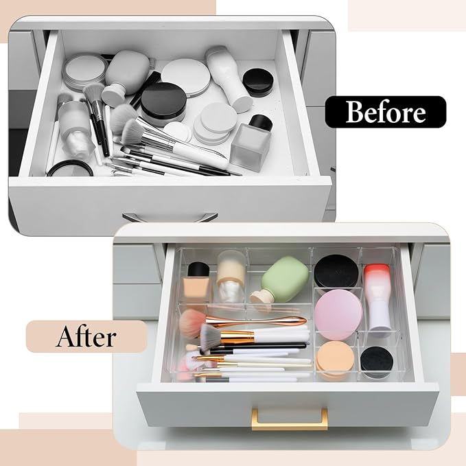 2Pcs 8-Section Clear Drawer Organizer, 13.7" x 8.7" x 2" Large Acrylic Drawer Divider Tray for Desk, Bathroom, Office, Makeup, Junk, Plastic Drawers Organiser Clear Makeup Tray Organizer