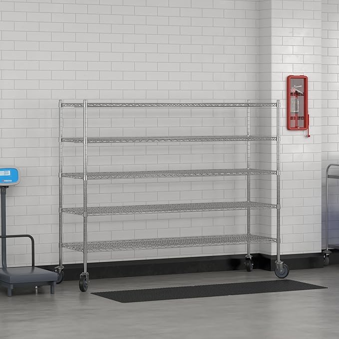 Commercial NSF Listed Chrome Mobile Wire Shelving Kit 21" x 72" x 60", with 5 Shelves Perfect for Warehouse, Walk-in Refrigerator, Freezer, Grocery Store, Restaurant, Dishroom