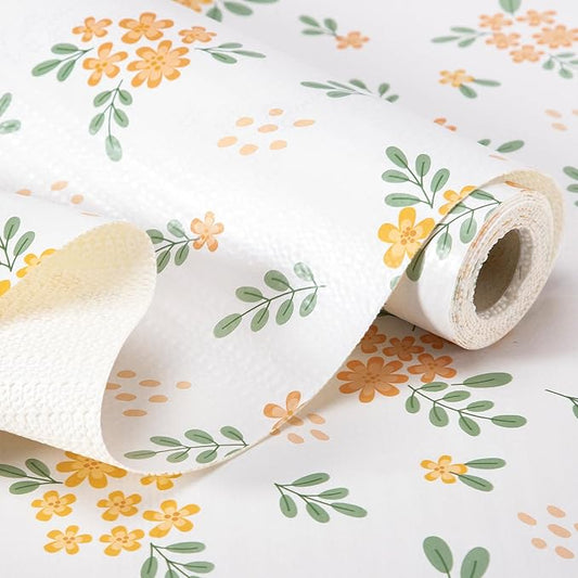 RAY STAR Shelf Liner, 12 Inch x 10 Feet Non Adhesive Orange Floral Kitchen Cabinet Liner for Pantry Drawer Vanity, Strong Grip Non Slip Waterproof, Shelf Liners for Kitchen Cabinets Cupboard