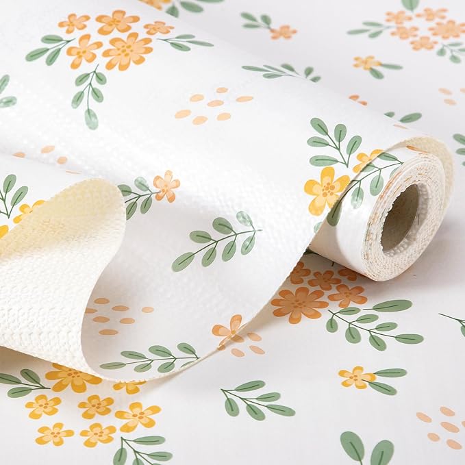 RAY STAR Shelf Liner, 12 Inch x 30 Feet Non Adhesive Orange Floral Kitchen Cabinet Liner for Pantry Drawer Vanity, Strong Grip Non Slip Waterproof, Shelf Liners for Kitchen Cabinets Cupboard