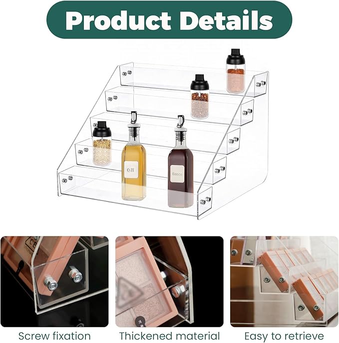 1 Pcs Acrylic Display Shelf, 5 Tier Clear Spice Rack Organizer, Display Stand Risers Shelf, Tiered Spice Rack for Countertop, Cabinet, Pantry, Kitchen Storage