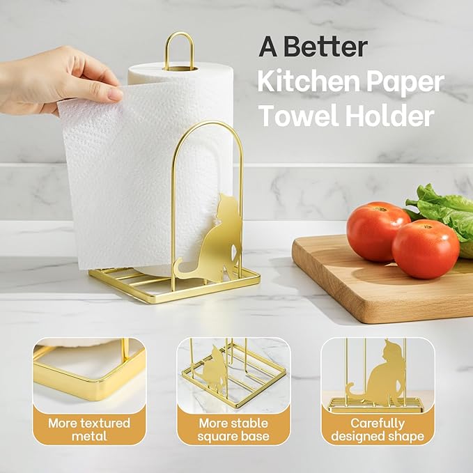Paper Towel Holder for Countertop, Kitchen Paper Towel Stand with Cat Pattern Decoration，Fit Standard Jumbo Roll in Dining Table or Bathroom, Toilet Paper Dispenser with Heavy Duty Base (Gold)