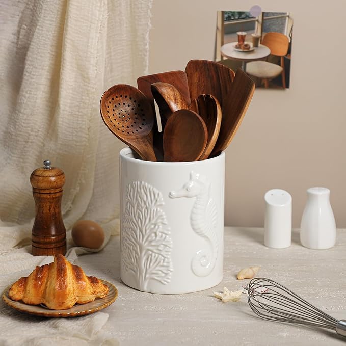 Ceramic White Seahorse Embossed Pattern Kitchen Utensil Holder, Large Cooking Utensil Crocks for Countertop, Ocean Style Utensil Organizer for Spatula and Home