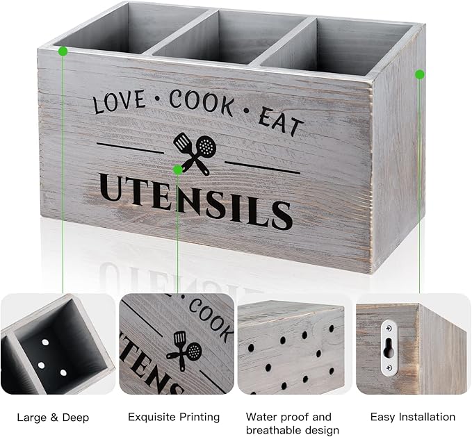 Rustic Wooden Utensil Holder for Countertop - 3 Compartment Farmhouse Heavy-Duty Flatware Caddy & Silverware Organizer - Large Kitchen Decor for Spoons, Forks, Parties, Coffee Bar & RV