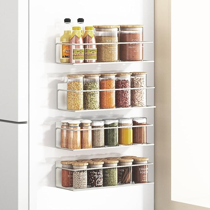 Roysili Magnetic Spice Rack For Refrigerator, Space Saving Magnetic Shelf For Fridge White 4 Pack