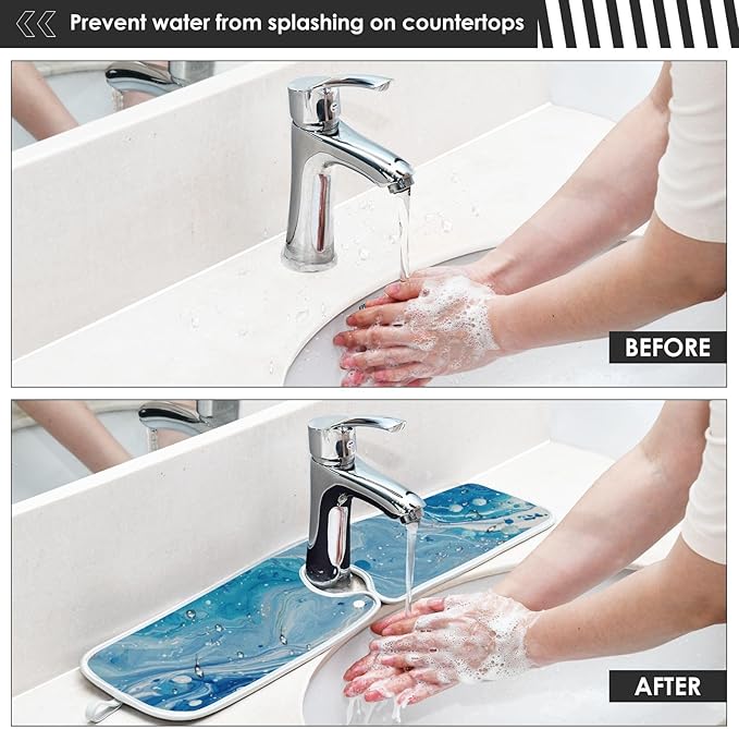 2 PCS Kitchen Sink Splash Guard 23.6 Inch Faucet Mat for Kitchen Sink Bathroom Sink Faucet Absorbing Drip Drain Mat Pad Microfiber Soft Washable Blue Fluid