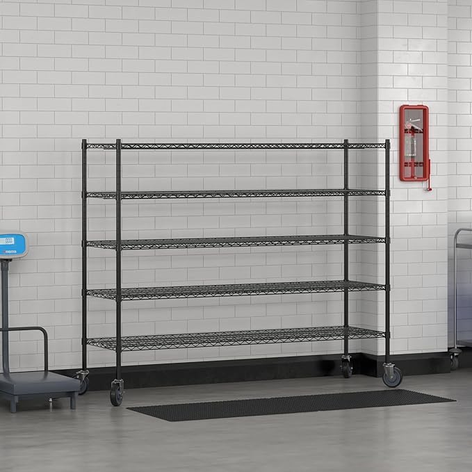 Commercial NSF Listed Black Epoxy Mobile Wire Shelving Kit 21" x 72" x 60", with 5 Shelves Perfect for Warehouse, Walk-in Refrigerator, Freezer, Grocery Store, Restaurant, Dishroom