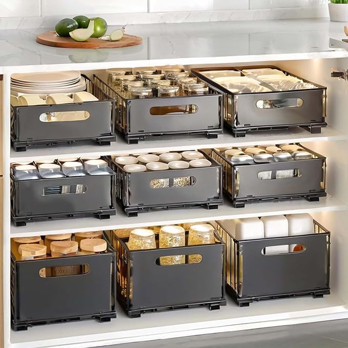 Sliding Pull-Out Cabinet Organizer 9.6"x14.8"x7.5" Black Heavy Duty Carbon Steel Drawer with Adhesive Rails, No Drill Storage Solution for Pantry/Closet