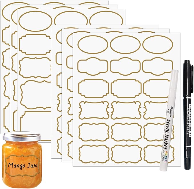 93pcs Transparent Removable Jar Labels with Gold Border, Waterproof Self-Adhesive Clear Label Stickers with 2 Markers, Kitchen Pantry Labels for Storage Bin, Food Container, Bottles
