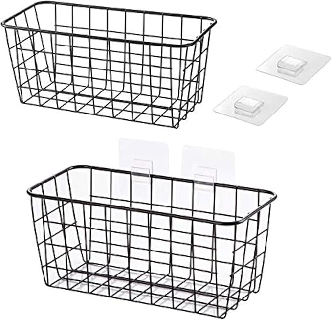 Lele No Drilling Wall Hanging Mounted Metal Wire Baskets with Free Wall Hooks, Kitchen Organization and Storage, Hanging Fruit, Set of 2 Black