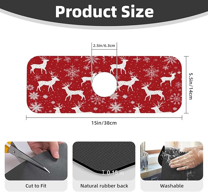 Sink Faucet Mat Deer Snowflakes Kitchen Splash Guard Absorbent Bathroom Sink Mat Around Faucet 15" x 5.5" Drying Mats Stone Draining Mat
