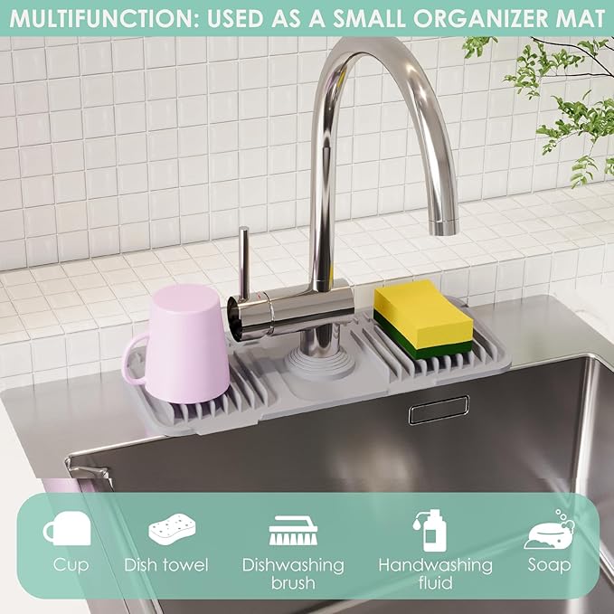 14.6 Inch Silicone Faucet Mat for Kitchen Sink Splash Guard - 7° Slope Water Draining Mat With Fasten Button for Bathroom Area (Gray, 14.6''x5.5'')