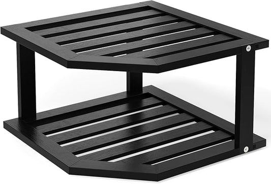 Bamboo Corner Shelf,2 Tier Plate Organizer for Cabinet and Countertop,Pantry Dish and Spice Rack for Kitchen（Black）