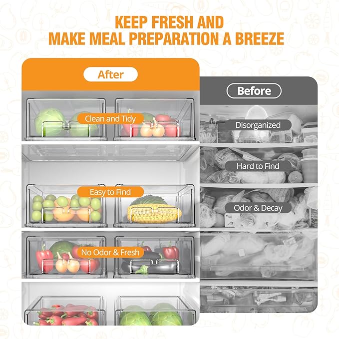BOICHU 2 Pack Stackable Storage Drawers - Clear Refrigerator Drawers for Refrigerator Organizers and Storage, Acrylic Fridge Drawer Organizer with Handles for Bathroom, Undersink, Cabinet, Pantry, etc