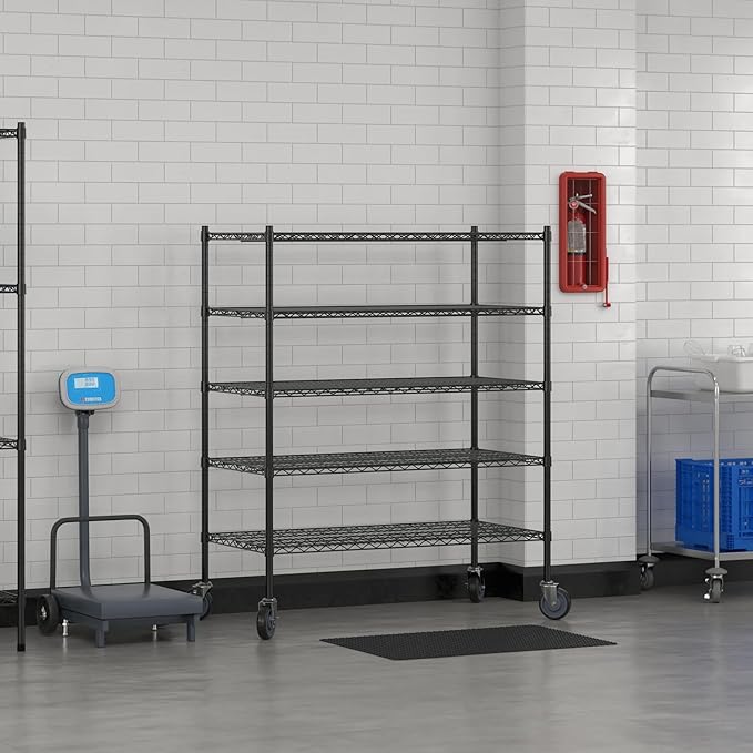Commercial NSF Listed Black Epoxy Mobile Wire Shelving Kit 24" x 48" x 60", with 5 Shelves Perfect for Warehouse, Walk-in Refrigerator, Freezer, Grocery Store, Restaurant, Dishroom