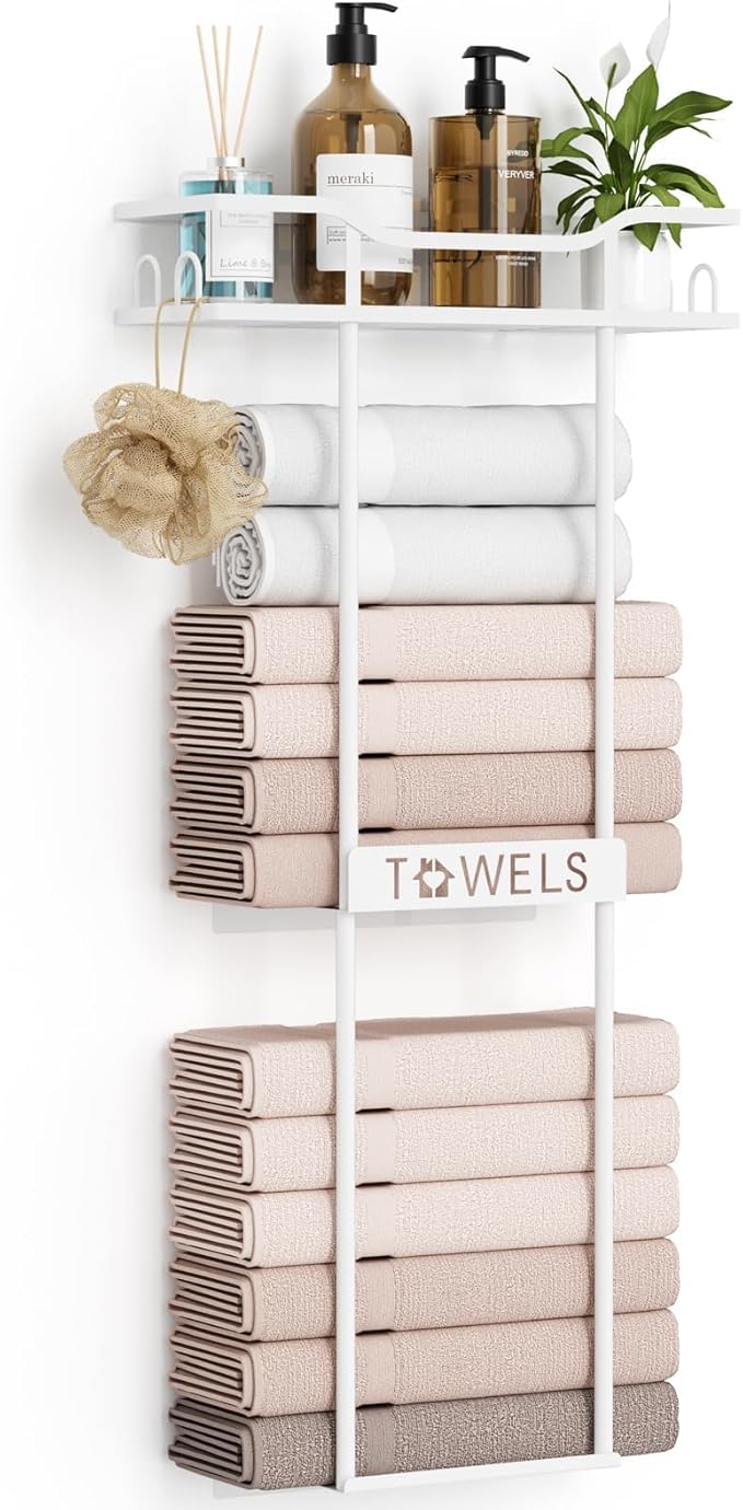 Towel Racks for Bathroom Wall Mounted Towel Storage Organizer Wall Towel Rack for Rolled Towels White