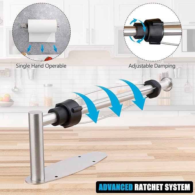 Single Hand Operable Paper Towel Holder Under Cabinet with Damping Effect, Self Adhesive Paper Towel Roll Holder Wall Mounted for Kitchen Bathroom, SUS304 Stainless Steel Brushed Nickel