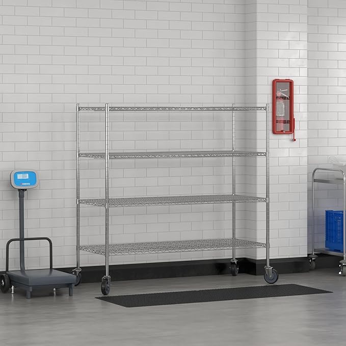 Commercial NSF Listed Chrome Mobile Wire Shelving Kit 24" x 60" x 60", with 4 Shelves Perfect for Warehouse, Walk-in Refrigerator, Freezer, Grocery Store, Restaurant, Dishroom
