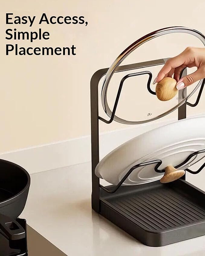 Kitchen Pot Lid Storage Rack, Pot Lid Holder with Tray, Lid Holder While Cooking, Lid and Spoon Rest, Multifunctional Kitchen Organizer Stand, No More Pools of Gross Water (Grey-Double layer)