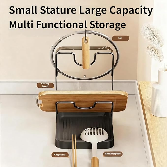 Kitchen Pot Lid Storage Rack, 2026 New Pot Lid Holder While Cooking & Spoon Rest, Multifunctional Kitchen Pot Cover Organizer for Countertop, with Removable Drip Tray (Beige * Single-layer)