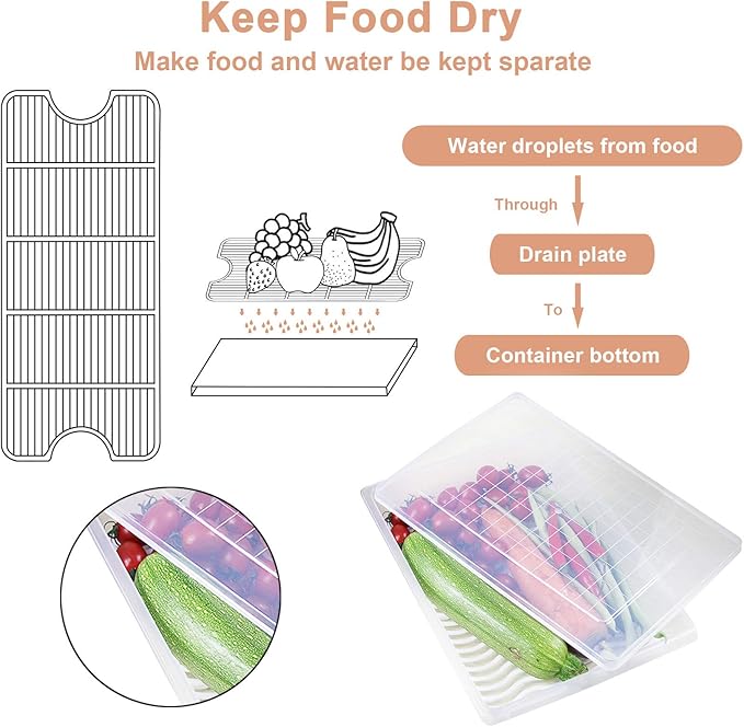 Yiautao Food Storage Container, Plastic Food Containers with Removable Drain Plate and Lid, Stackable Portable Freezer Storage Containers - Tray to Keep Fruits, Vegetables, Meat and More (4,Large)