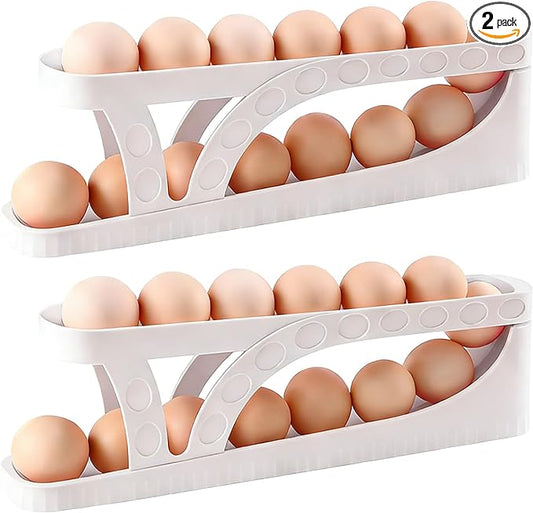2pcs Egg Dispenser Automatic Rolling Egg Tray Organizer, Space Saving Side Door Refrigerator Egg Roller Basket, Suitable for Kitchen, Cabinets, Dining Table (Pack of 2 White)