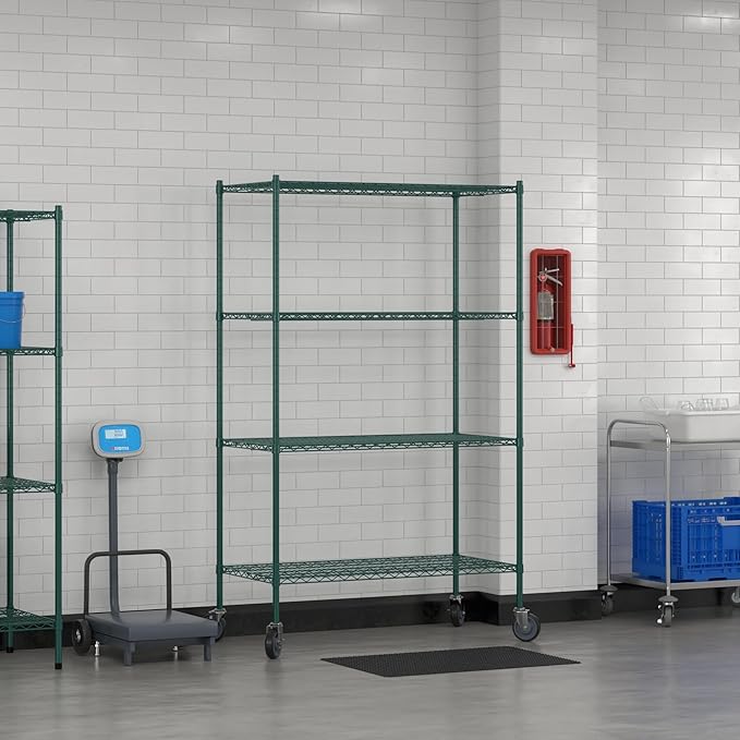 Commercial NSF Listed Green Epoxy Mobile Wire Shelving Kit 24" x 48" x 80", with 4 Shelves Perfect for Warehouse, Walk-in Refrigerator, Freezer, Grocery Store, Restaurant, Dishroom