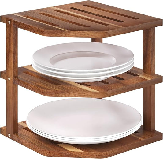 3 Tier Acacia Wood Corner Shelf,Dish Drying Rack,Plate Organizer,Kitchen Spice Rack for Countertop and Cabinet,Pantry Organization and Storage