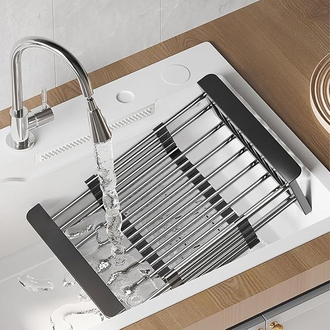 Extend Kitchen Sink Drain Basket,Stainless Steel Retractable Sink Rack,Over Sink Dish Rack,Portable Telescopic Kitchen Sinks Accessories,Extender Basket for Vegetables Fruits and Dishes(Gray,Large)