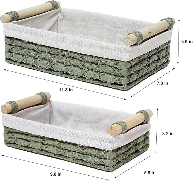 Set of 2 Green Paper Rope Storage Baskets with Wood Handles and Liner – Woven Organizer Bins for Kitchen, Pantry, Bathroom Shelf & Rustic Decorative Home Storage