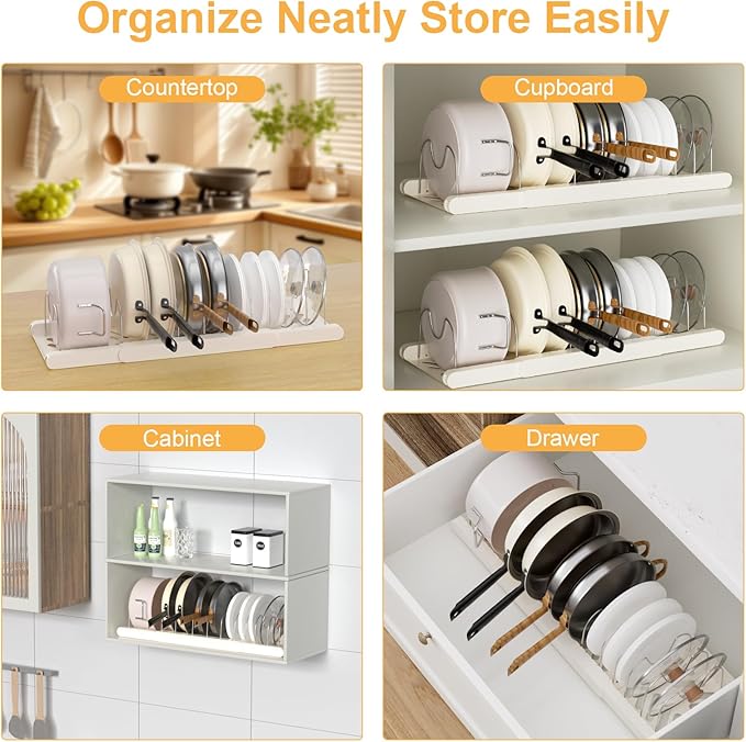 Pots and Pans Organizer Under Cabinet,Expandable Pot Lid Holder with 10 Adjustable Dividers,Pot Rack,Kitchen Pantry Countertop Storage for Bakeware, Cutting Boards, Frying, Lid, Cookware,Dishes