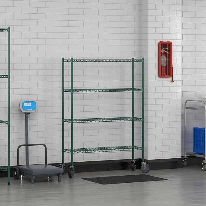 Commercial NSF Listed Green Epoxy Mobile Wire Shelving Kit 12" x 42" x 60", with 4 Shelves Perfect for Warehouse, Walk-in Refrigerator, Freezer, Grocery Store, Restaurant, Dishroom