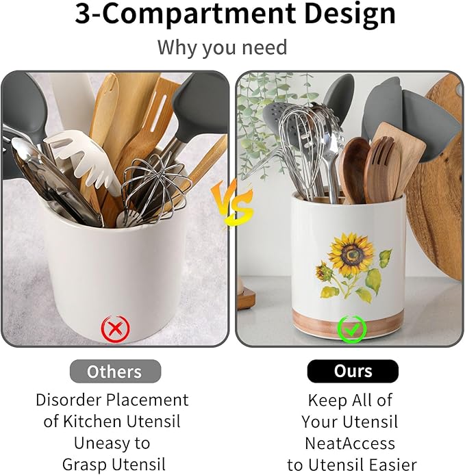 HAPPY KIT 7.6″ Extra Large Kitchen Utensil Holder, 360° Rotating Utensil Holder for Kitchen Counter with 3 Removable Compartment, Housewarming Gift & Farmhouse Decor(Sunflower)