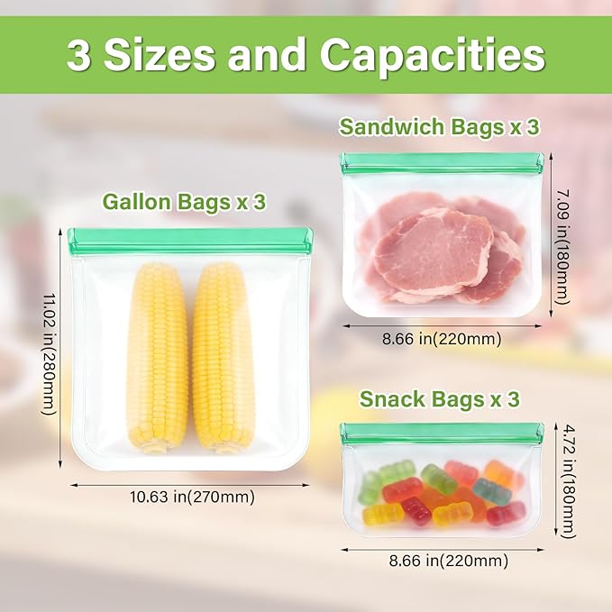 SZTCECDM Reusable Silicone Freezer Storage Bags, 9Pack Multi-Size Food Storage Containers, Leakproof Freezer & Microwave Safe Reusable Snack & Sandwich Bags - 3 Gallon 3 Snack 3 Sandwich Bags