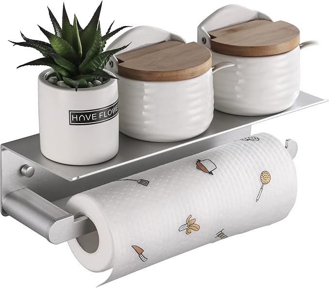 Paper Towel Holder with Shelf for Kitchen, Paper Towel Holder Wall Mount for Bathroom, Self-Adhesive Anti-Rust Aluminum, No Drill or Wall-Mounted with Screws (Dull Polished Silver)