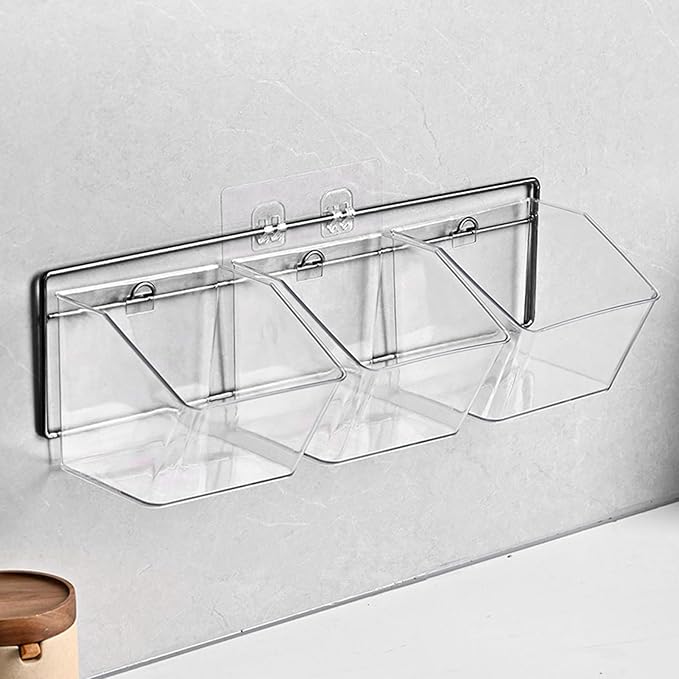Wall Mounted Storage Container, 3 Storage Grid Clear Plastic Self-Adhesive Hanging Onion and Potato Storage with Metal Rack and Traceless Sticker for Kitchen/Bathroom/Organizer Pantry