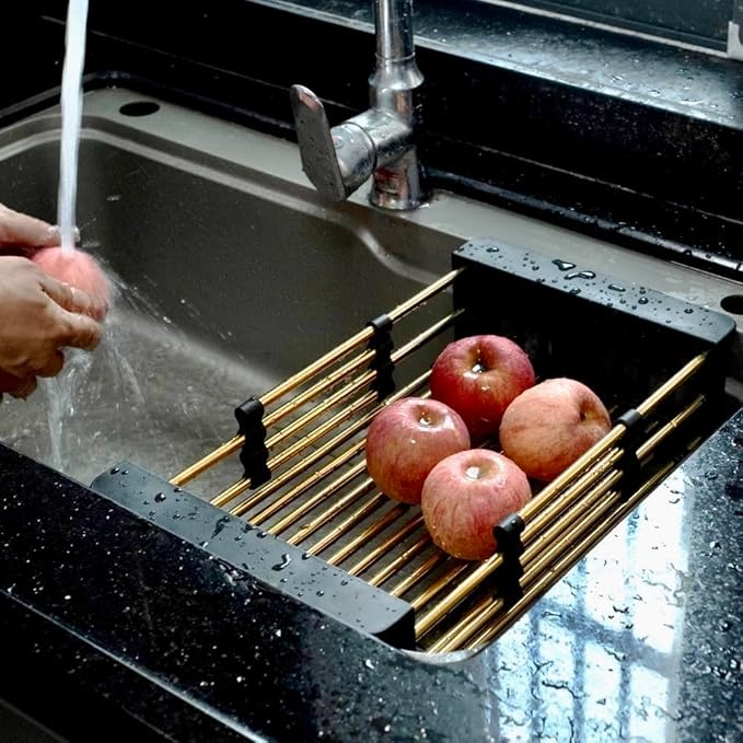 Gold Expandable Dish Drying Rack Over The Sink, Adjustable 10–18 Inch Stainless Steel Sink Drying Rack for Plates, Bowls & Utensils, Space-Saving Kitchen Counter Drainer
