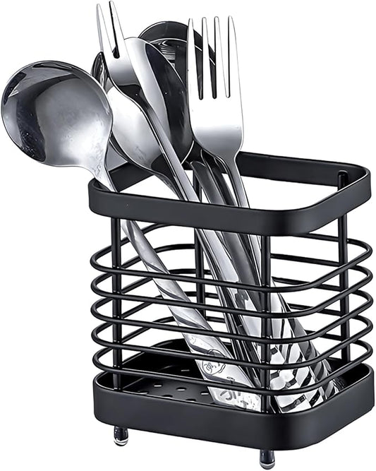 Kitchen Sink Utensil Holder of Drying Rack, Small Stainless Steel Cutlery Drainer Caddy,Spoon and fork organizer (Black)