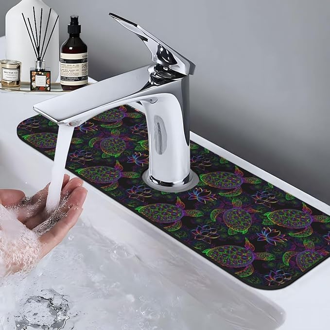 Sea Turtle Psychedelic Mandala Boho Colors 15" X 5.5" Kitchen Sink Splash Guard Faucet Faucet Guard Draining Mat Sink Splash Guard Faucet Kitchen Bathroom