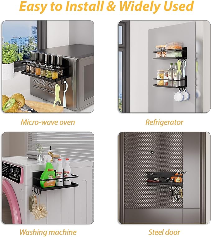 Magnetic Spice Rack for Refrigerator, 2 Pack Magnetic Shelf, Fridge Magnet Organizer with Moveable 6 Hooks, Magnetic Fridge Shelf for Kitchen Organization and Storage(Black, 2 Pack)