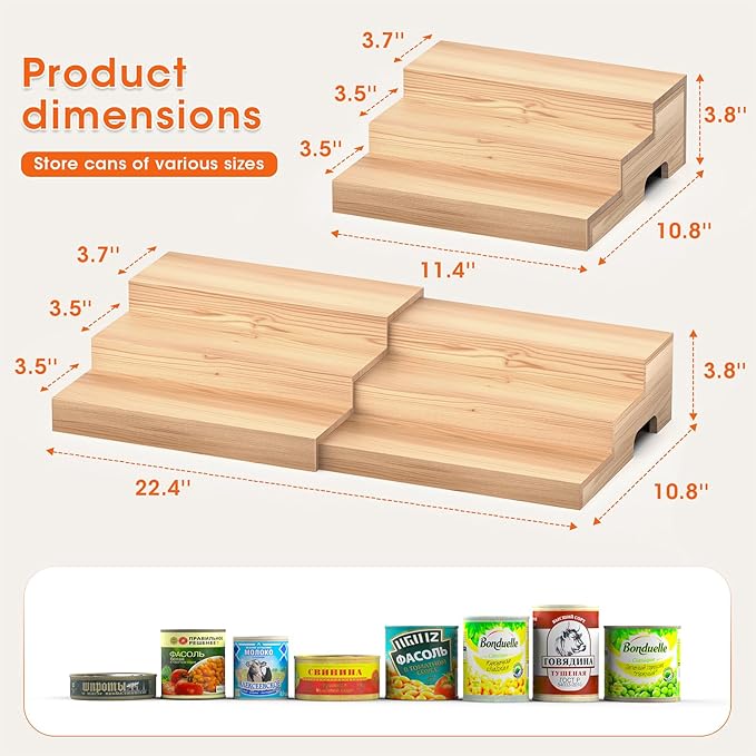 Expandable Can Rack Organizer for Pantry, 3 Tier Wooden Can holder, Canned Goods Organizer Holds Up to 24 Cans Soda, Cannd Food Storage Display for Cabinet, Pantry, Kicthen Countertop